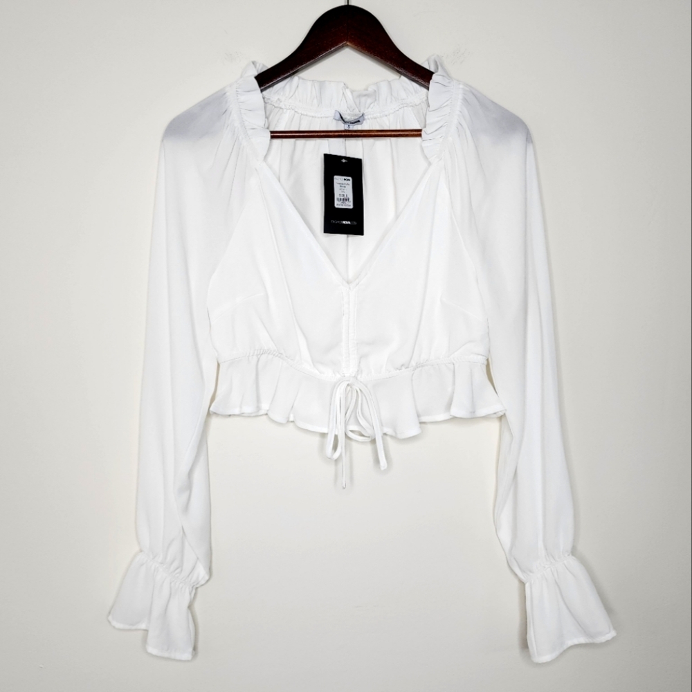 Fashion Nova White Poet Sleeve Ruffle Cinch Front Crop Top Sm Boho Chic Regency